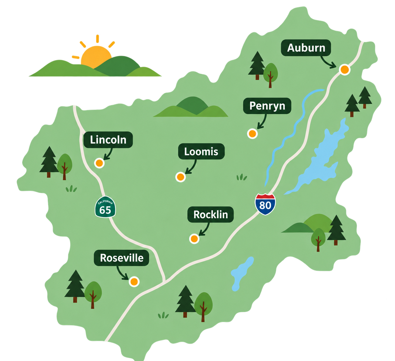 Illustrated map of Doo It Right service area across Placer County, showing Auburn, Penryn, Lincoln, Loomis, Rocklin and Roseville.
