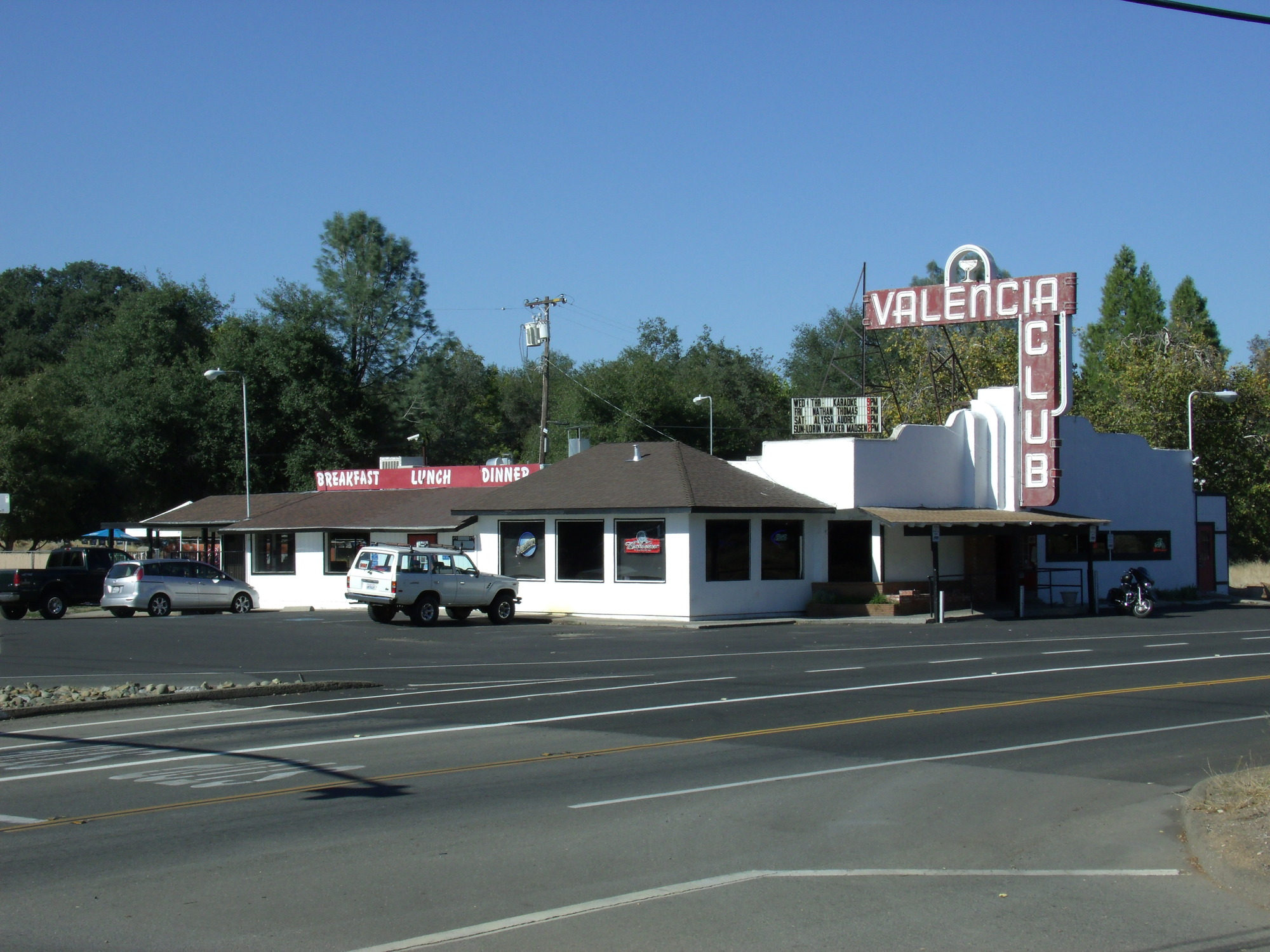 The Valencia Club roadside sign and building along Old Route 40 in Penryn, California