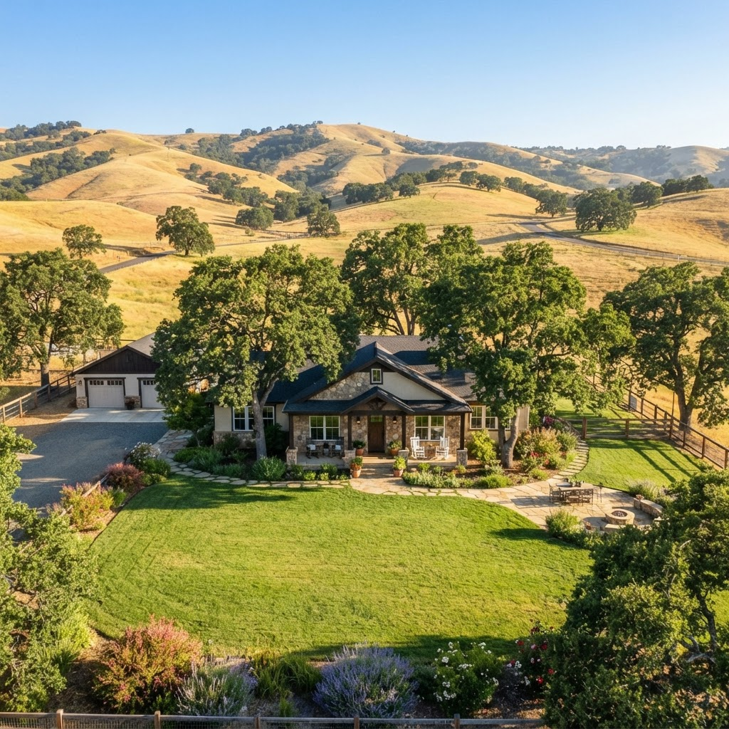 Placer County home with a large green backyard surrounded by oak-covered foothills