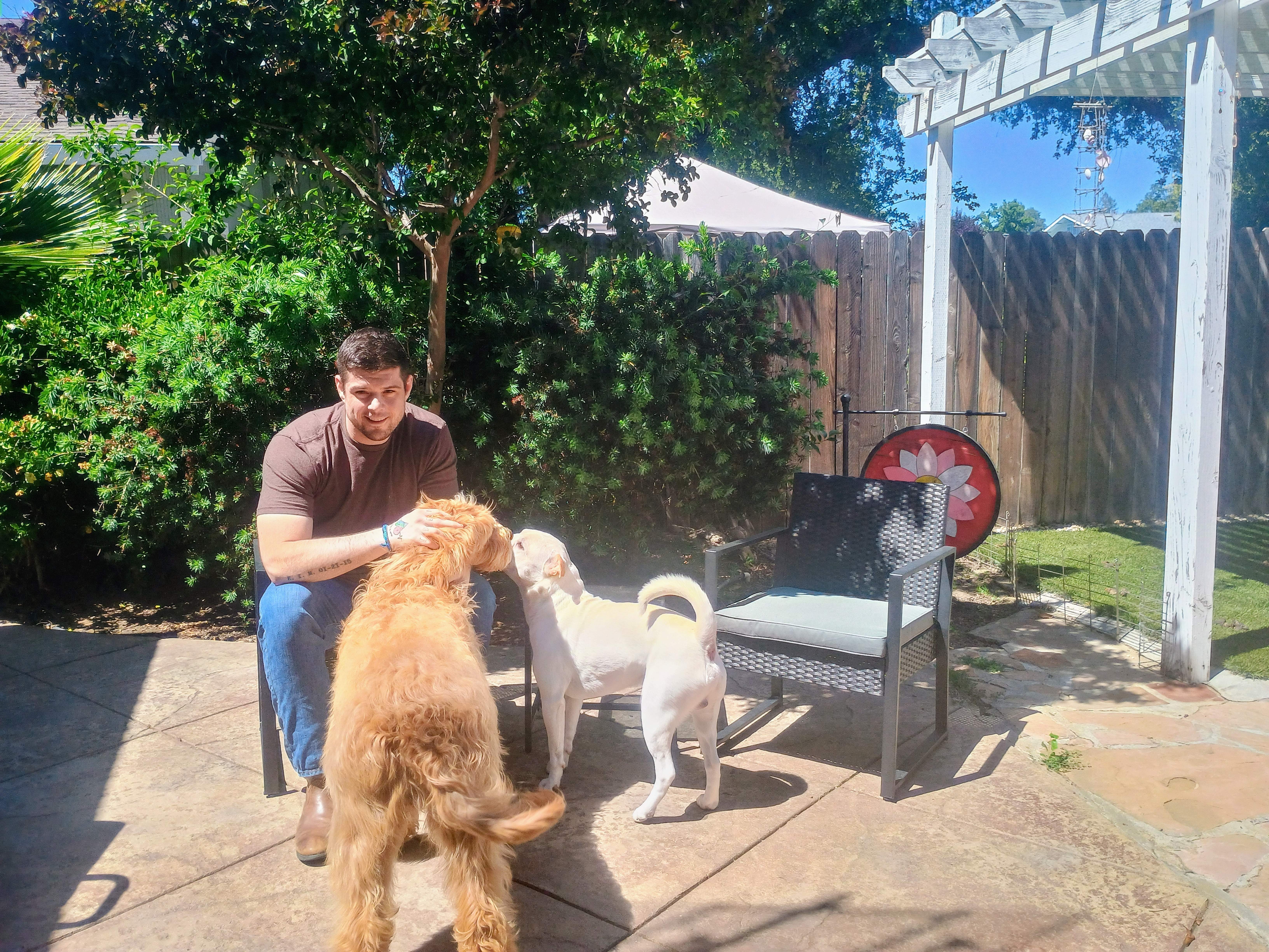 Adam, owner of Doo It Right, sitting outside with his two dogs